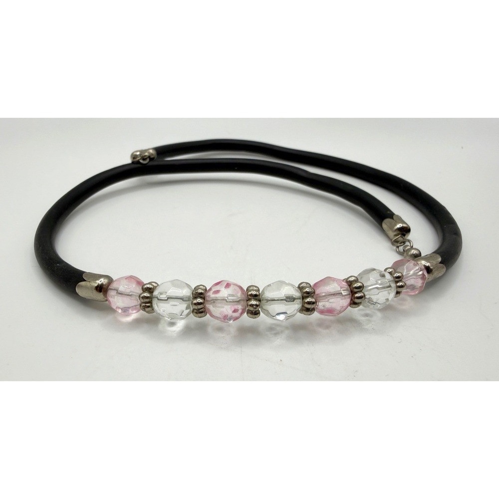 Black Rubber Cord Memory Wire Necklace Pink Clear Faceted Beads Silver Accents